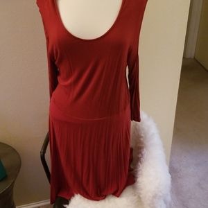 Deep red midi cold shoulder swing dress